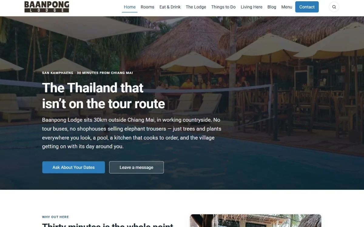 Baanpong Lodge website — a countryside lodge near Chiang Mai, rebuilt by Vibe Crafted Websites