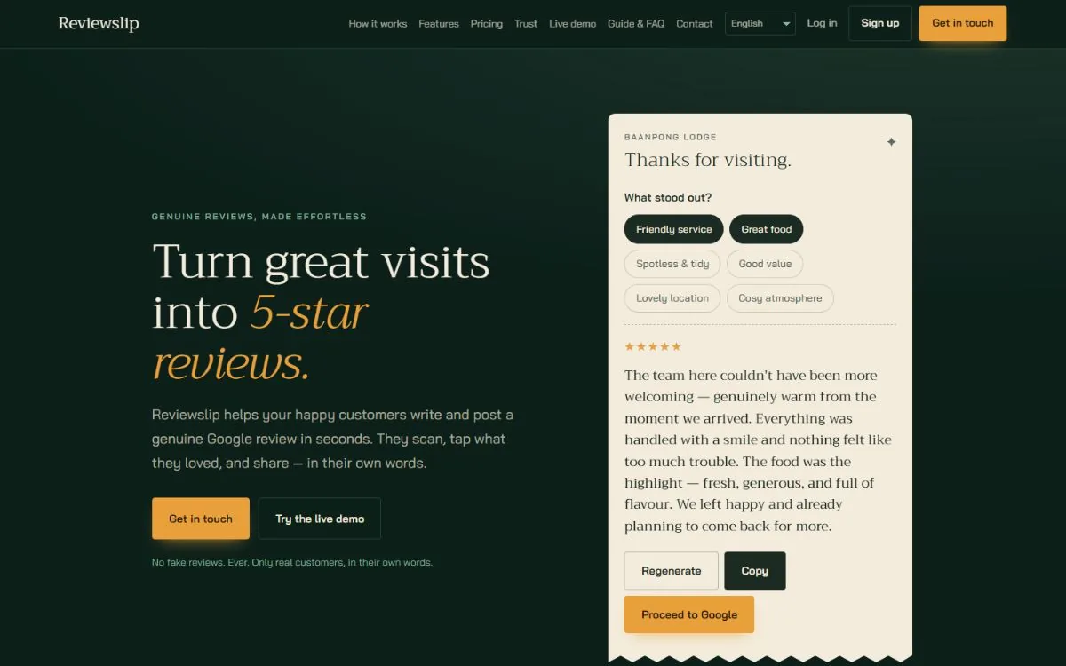 ReviewSlip dashboard — a review-collection web app built by Vibe Crafted Websites