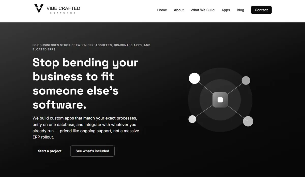 Vibe Crafted Software website — a custom business software product site built by Vibe Crafted Websites
